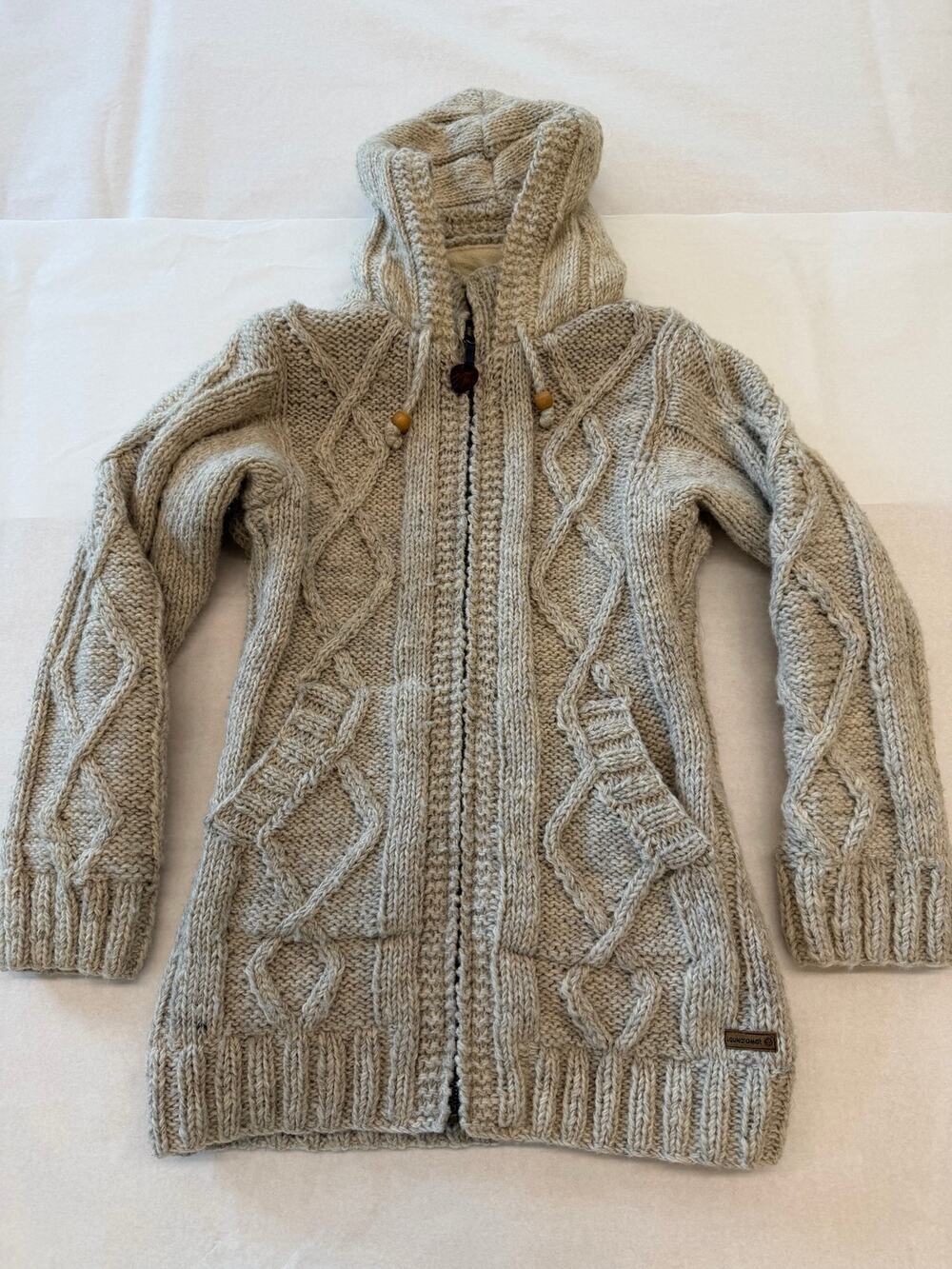 100% Wool Fleece Lined Cable Knit Hooded Sweater Jacket Beige tunic gorpcore